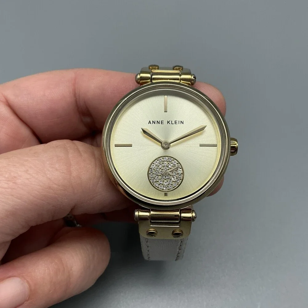Anne Klein Womens Watch 34mm White Leather Gold Tone AK/3380 New Battery